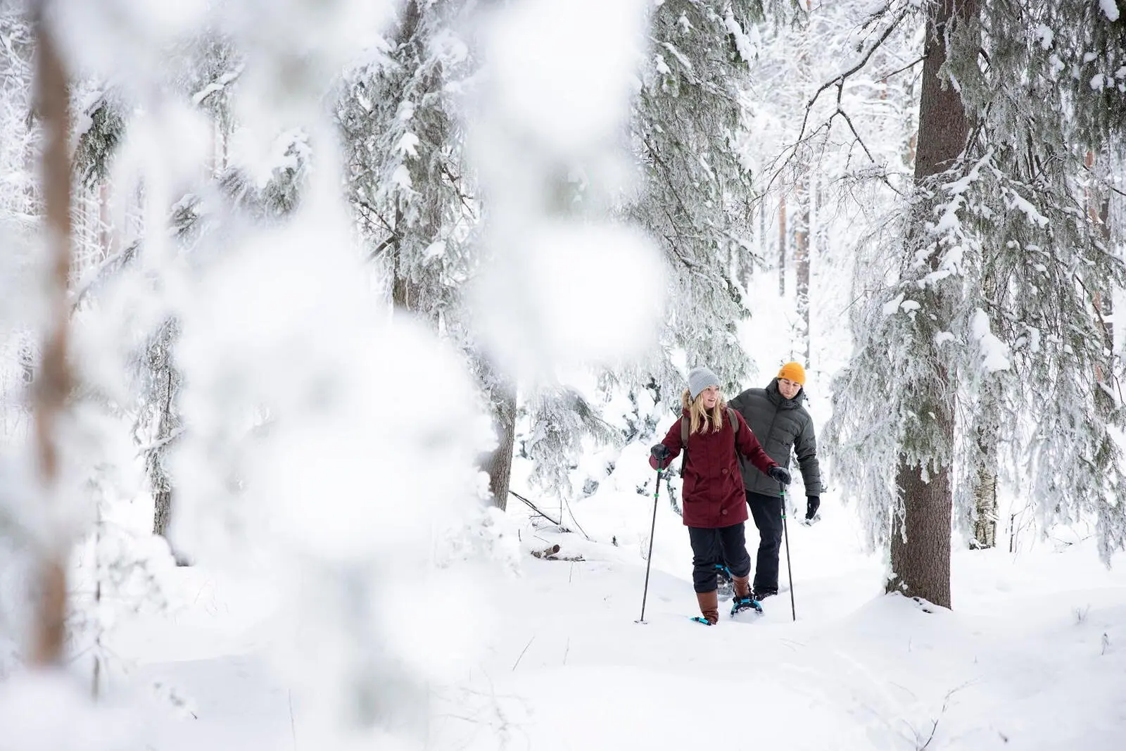 Sie wandern durch die verschneite karelische Winterlandschaft.